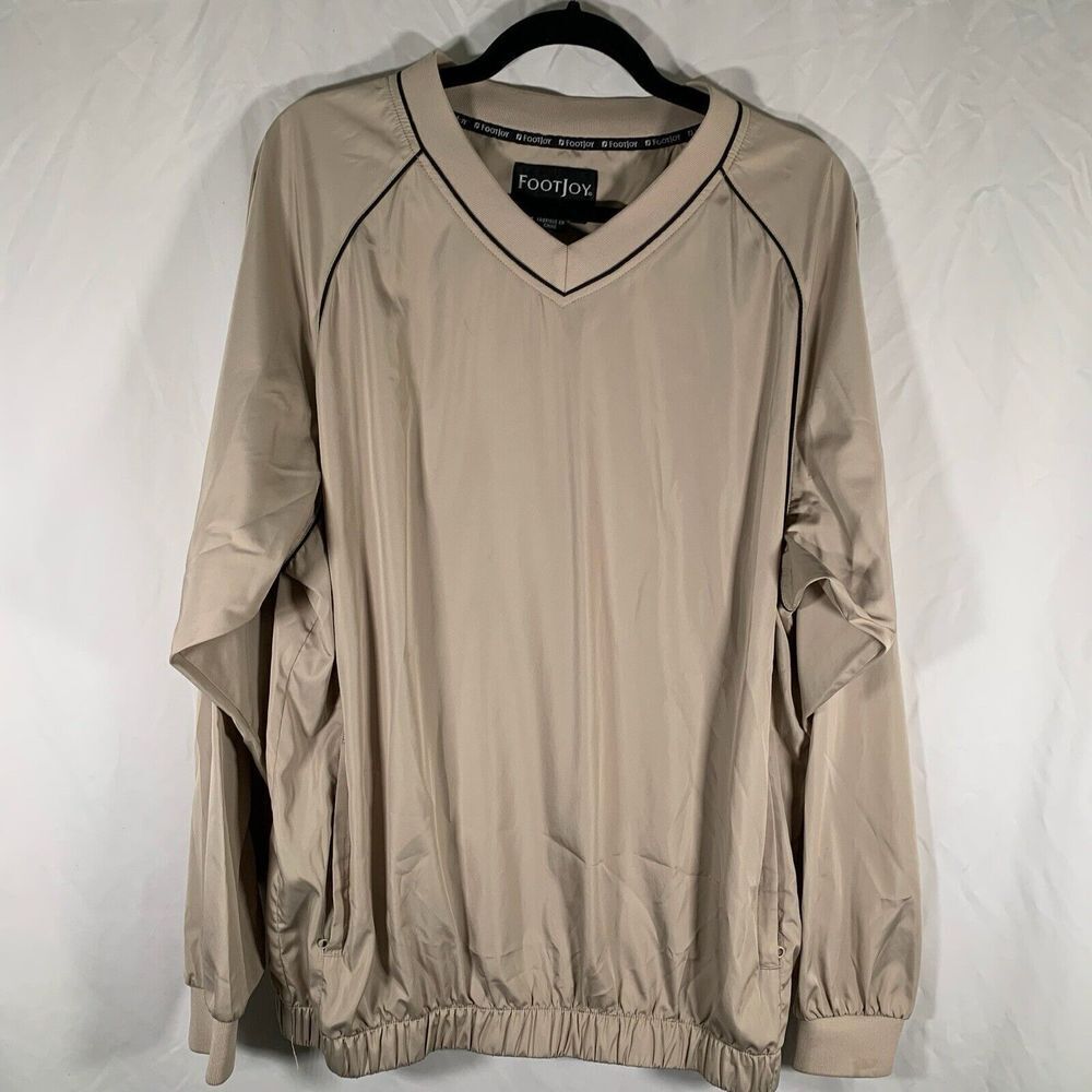 FootJoy Golf Windbreaker Men's Large Tan V-neck Long Sleeve Pockets Pullover
